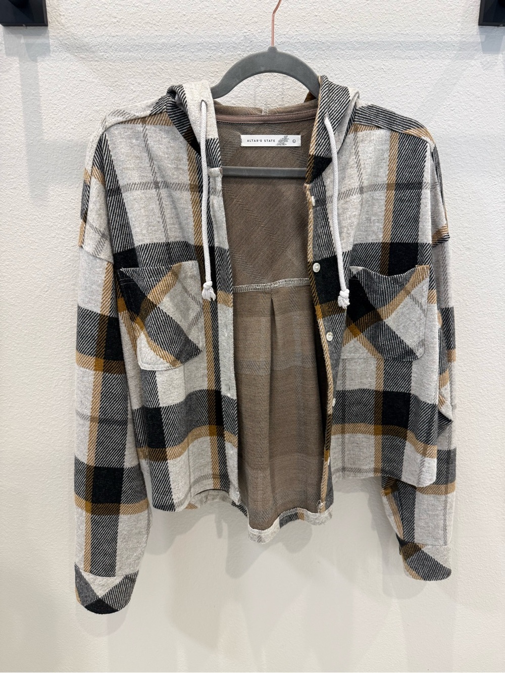 Altar'd State Plaid Hooded Shacket in Black, Gray & Tan